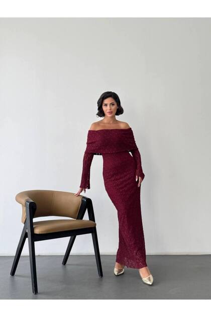 BEAUTY FASHON Women's Evening Dress Full Lace Embroidered Long Sleeve  Strapless Maxi Dress - Evening Dress & Graduation Dress- Trendyol