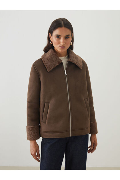 Lcw Modest Shirt Collar Oversize Women's Suede Look Coat (W5)
