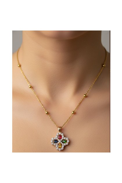 Gold Color Mix Stone Clover Model Ball Chain Steel Necklace