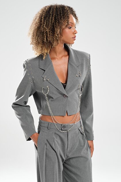 Kadın Kuşgözü Zincir Detaylı Tasarım Blazer Ceket