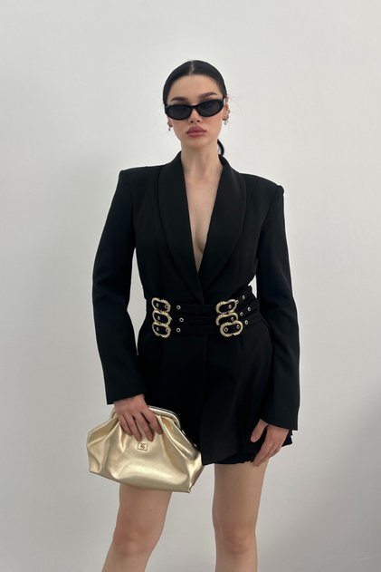 Sacou blazer pentru femei, cu două rânduri de nasturi, cu rever, cu umeri întăriți, cu detaliu de curea aurie