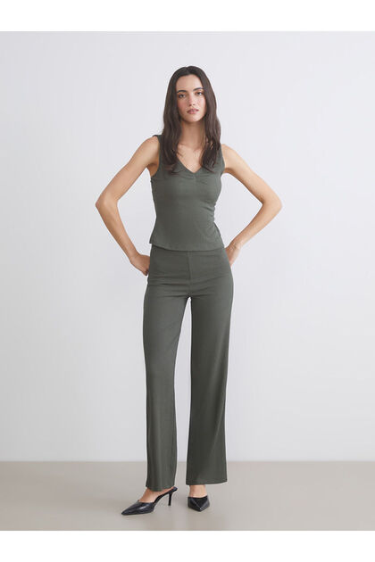 Özmarka New Season Elastic Waist Textured Wide Leg Women's Trousers