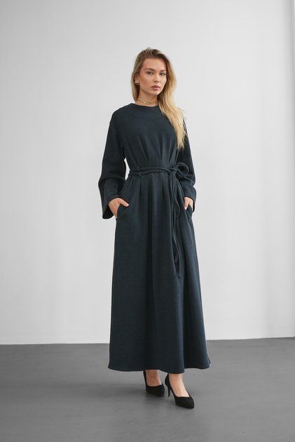 Women's Soft Long Dress with Pleated Front and Lace Detail
