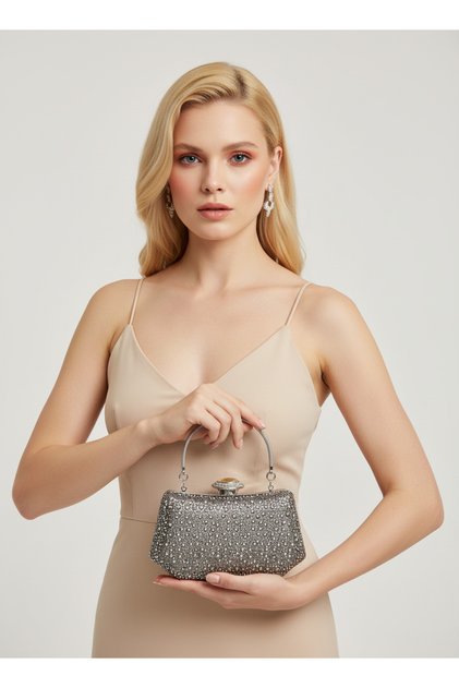 Anthracite Gray Platinum Color Stone Pearl Detailed Handle Women's Evening Dress Bag