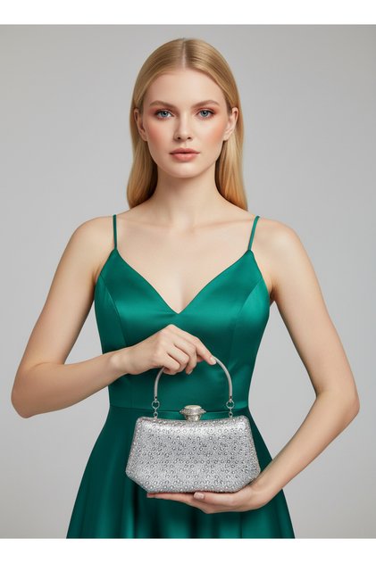 Silver Color Stone Pearl Detailed Handle Women's Evening Dress Bag