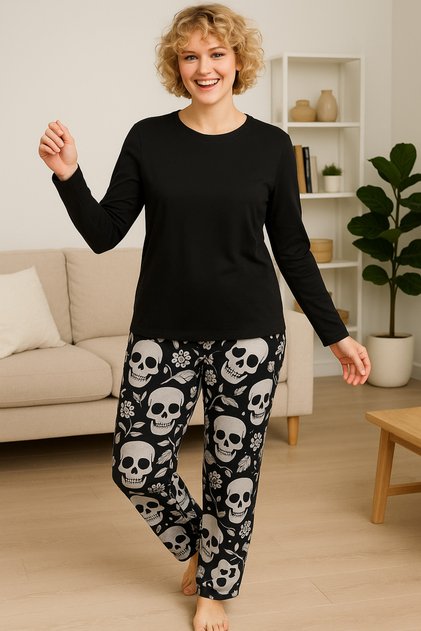 Black Color Long Sleeve Floral Skull Pattern Pajamas Set