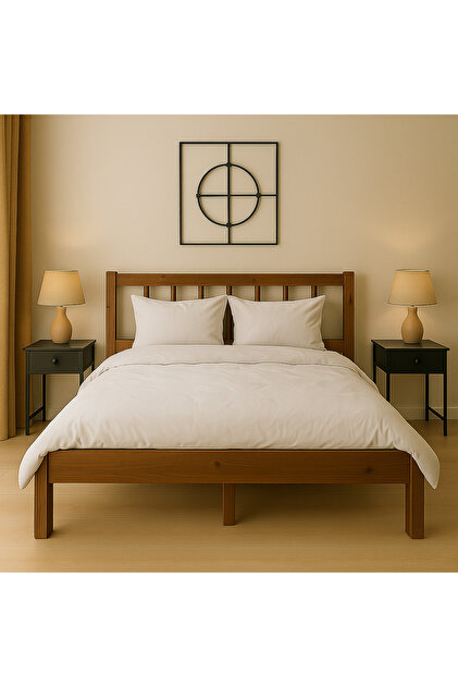 150cm X 200cm Masif Ahşap 2 KİŞİLİK YUVARLAK ÇITALI Başlıklı Karyola CEVİZ RENGİ