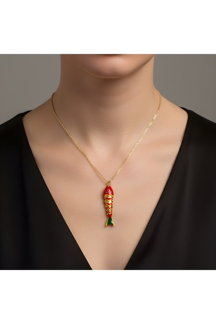 One Hundred Percent Steel Chain Red Enamel Fish Steel Luck Necklace