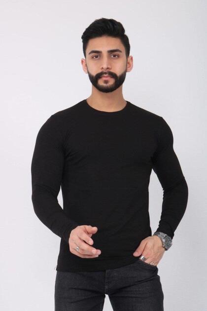 Men's Black Crew Neck Long Sleeve Basic T-Shirt