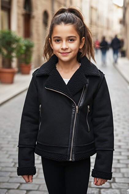 Girl's Black Nubuck Inside Lamb Plush Coat