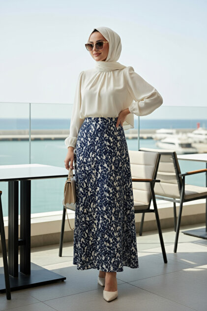 Navy Blue and White Patterned - Long Flared Cut Hijab Skirt 5200-Tes