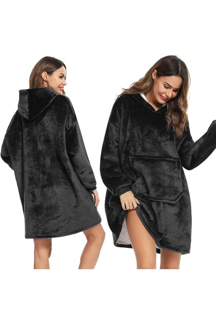 Patura cu Maneci si Gluga, Tip Hanorac, Fleece Calduros, Plusat, Marime Universala, Negru