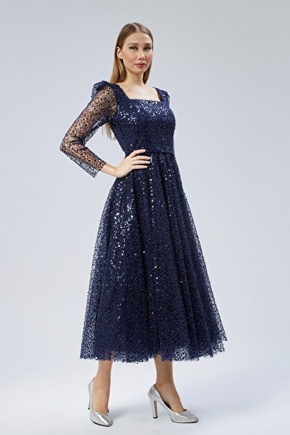 Asees Women's Evening Dress and Graduation Square Neck Long Sleeve Flared Evening Dress- Trendyol Asees Women's Evening Dress and Graduation Square Neck Long Sleeve Flared Evening Dress- Trendyol