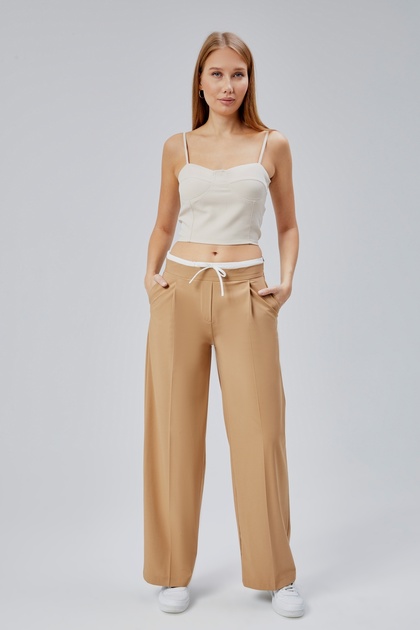 BELİ KUMAŞ GİYDİRMELİ İPLİ YANDAN CEPLİ RAHAT KALIP TAM BOY GENİŞ PAÇA KADIN PANTALON