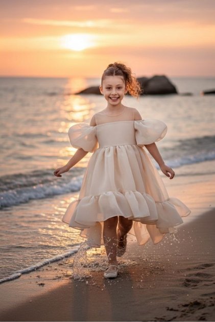 Flared Madonna Collar Puffy Chiffon Luxury Beige Children Evening Dress Aby218