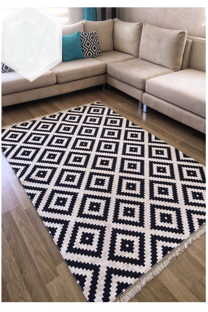 Baklava Kaymaz Tabanlı Yıkanabilir Halı Kilim Yolluk Beyaz Siyah