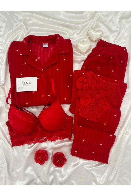 Red Dreams Heart Patterned Buttoned Fleece Pajama Set with Underwear