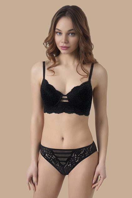 Black Lace Underwire Adjustable Strap Push-Up Bra Panty Set 302 - Boxed