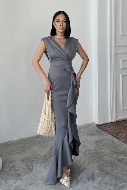 Women's Gray Scuba Diver Fabric Double Breasted Neckline Skirt Flounce Evening Dress Graduation Wedding Dress