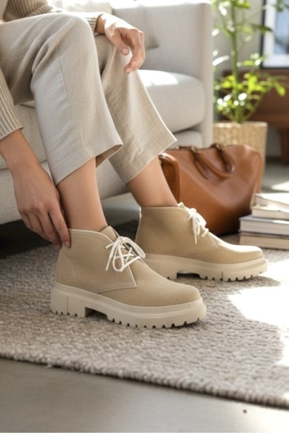 Women's Beige Suede Genuine Leather 35-41 Lace-up Boots & Booties