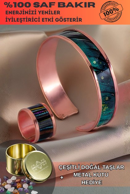 Women's Copper Bracelet Ring Set - Arianna Model Special Edition Metal Box and Quartz Stone