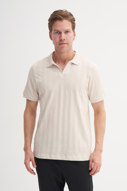 Polo Neck Regular Fit Cotton Textured T-Shirt