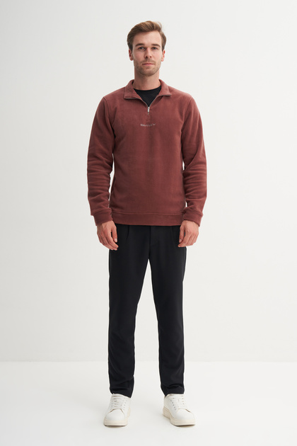 Regular Fit Thick Fleece Stand Collar Zippered Sweatshirt