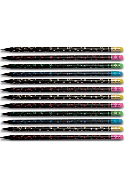 Party Eraser Round Black Body Wooden HB Pencil - 12 Pieces