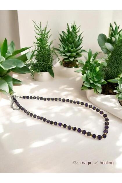 Amethyst Natural Stone Cube Hexagon Cut Design Necklace (45cm)