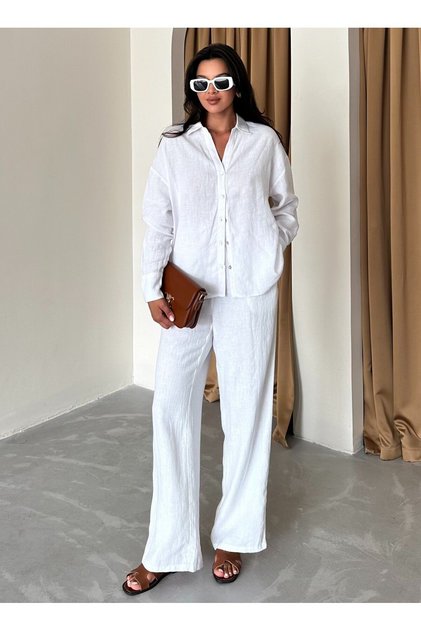 Black Back Clamp Detailed Linen Shirt Pants Set