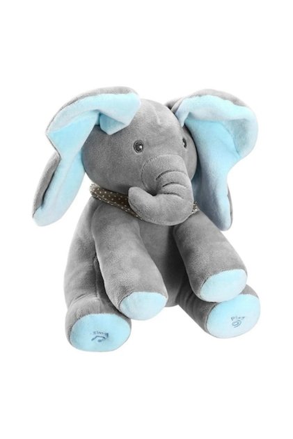 Jucărie interactivă Flippy Elephant, Muzică, Cucu, Albastru/Gri, 30 cm