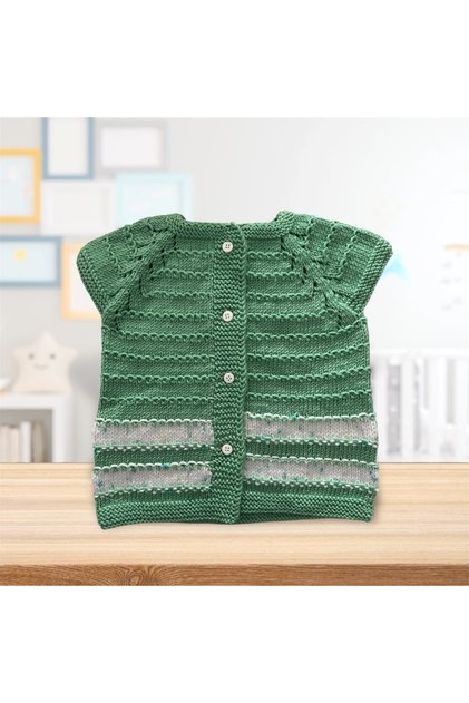 Hand Knitted Waterway Patterned Baby/Child Vest Green (0-2 Years Old)