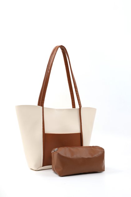Cream - Taba Shk80 Faux Leather Large Size Shoulder Bag with Front Pocket, Snap Fasteners, and Makeup Bag