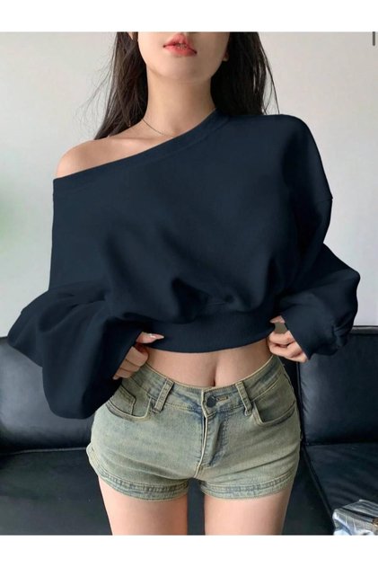 Women's Balloon Sleeve Ribbed Boat Neck Crop Sweatshirt