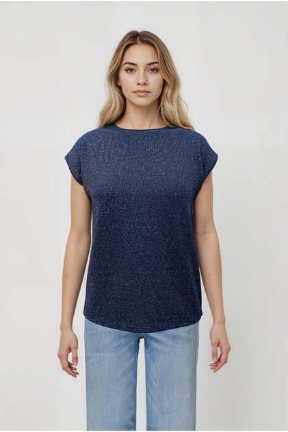 Navy Blue Crew Neck Glitter Short Sleeve Women's T-Shirt
