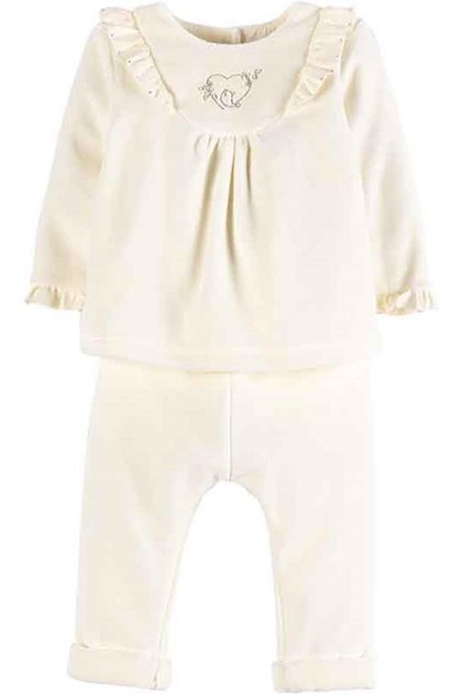 Baby Girl Cream Embroidered Velvet 2-Piece Set