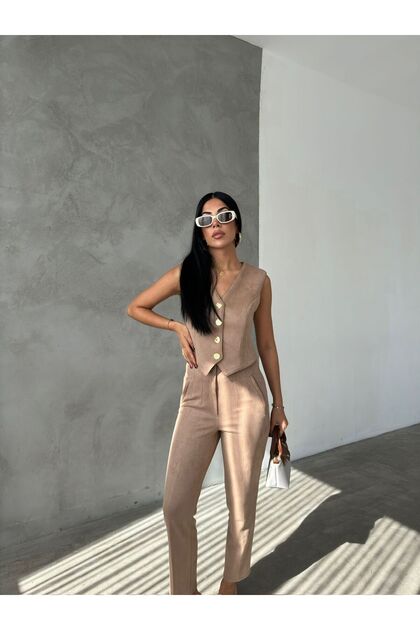 Trend Güderi Buttoned Accessory Vest Suit for Women