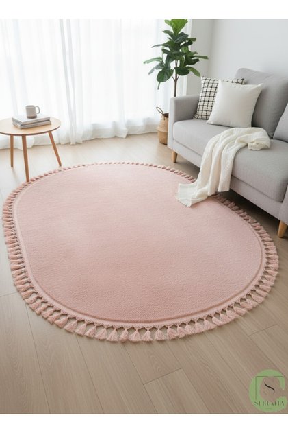 Yıkanabilir Post Peluş Kaymaz Taban Pembe Oval Saçaklı Salon Oturma / Çocuk Odası Mutfak Halısı