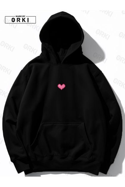 Small Pixel Cute Heart Printed Women's Black Oversize Hooded Sweatshirt Hoodie