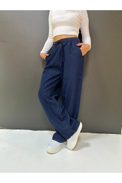 beli lastikli bağlama detaylı cepli denim bol paça pantolon