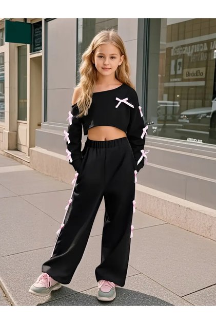 Girl's Bow Detailed Boat Neck Sweat Tracksuit Set