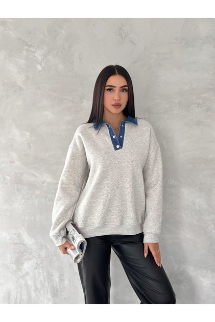 Denim Collar Detailed Long Sleeve Sweatshirt