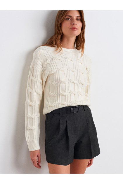 10825 Wool Blend Embossed Detailed Knitwear Sweater-Ecru