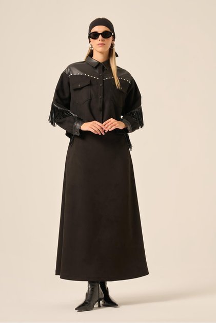 Women's Suede Leather Skirt Suit Black 31231