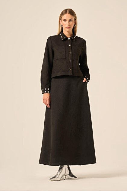 Women's Scuba Suede Skirt Suit Black 31230