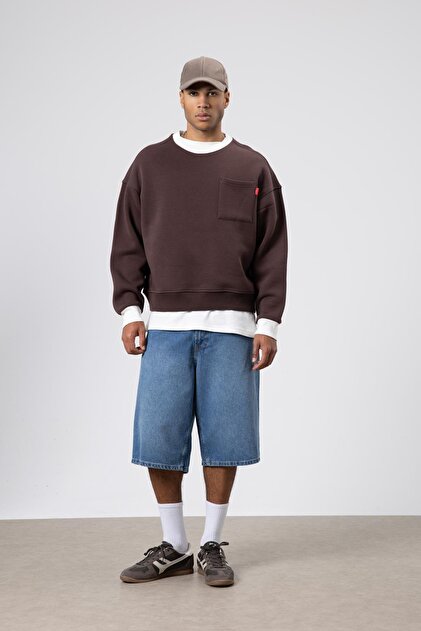 Bisiklet Yaka Cep Detaylı Oversize Sweatshirt Kahve