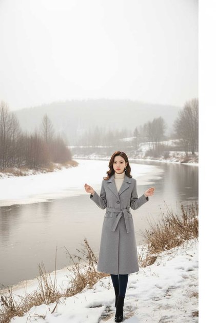 Women's Belted Buttoned Sleeves Oversize Cashemere Coat Syt 4615