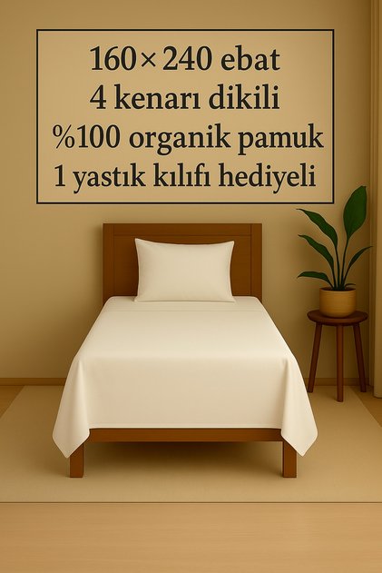 Lastiksiz çarşaf tek kişilik %100 pamuk 4 köşe dikili 1 yastık kılıfı hediyeli 160×240 ebat