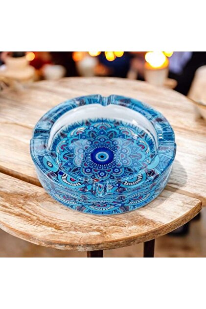 イマン　ポワージュブルー　トラッシュ缶 ella'nın çarşısı 10 Cm Nazar Boncuğu Desenli Cam Sigara Küllük .1
