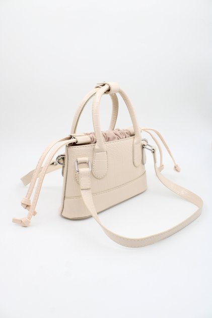 Women's Cream Mini Crocodile Leather Multi-Handle Drawstring Mouth Hand, Arm and Shoulder Bag
